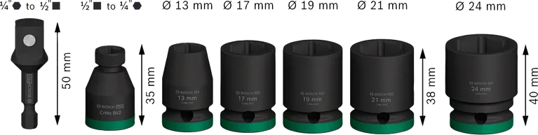 Set Kunci Sok Impact Bosch PRO dengan adaptor 1/2 inci, 7 buah.